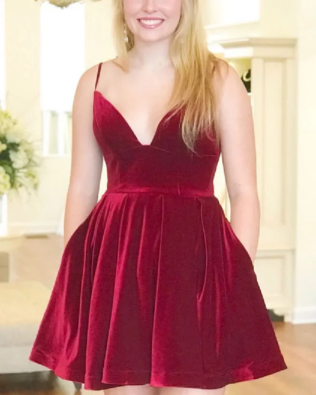 vintage-inspired gown dressesSimple Burgundy Velvet Winter Formal Dress Short V Neck Homecoming Dress