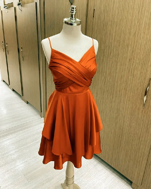 maximalist gown dressesSimple Satin Short Homecoming Dress Burnt Orange V-neck Semi Formal Dress