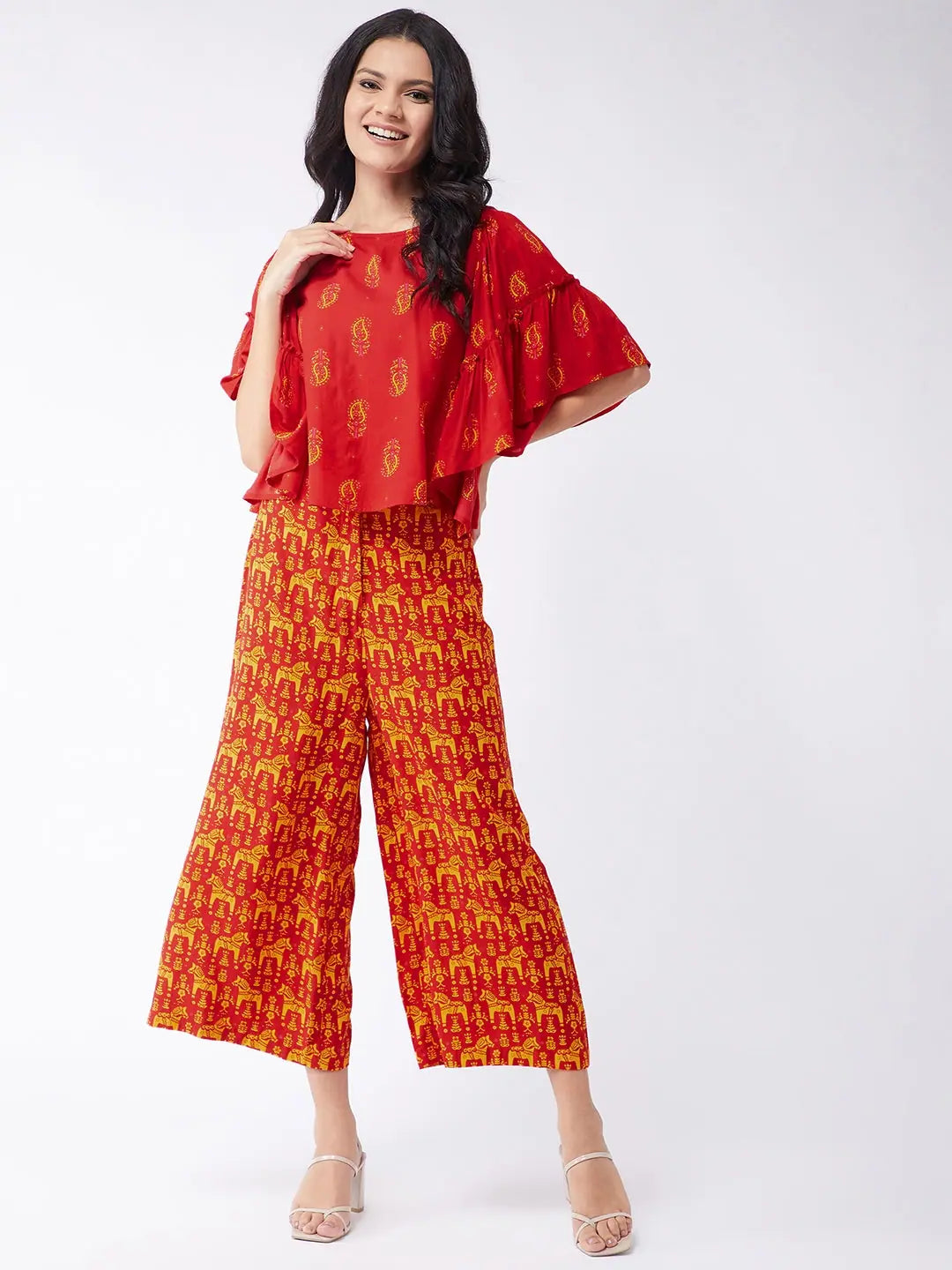 women's cotton pantsSindoor Digital Printed Top With Extended Flared Sleeves And Printed Pants