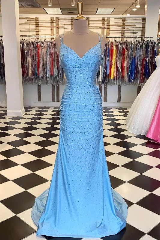 gown dress size chartsSky Blue V-Neck Backless Mermaid Long Formal Dress