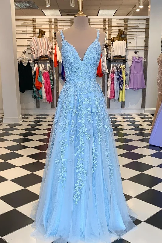 gown dress fitting tipsSky Blue V-Neck Lace Appliques Tulle Long Formal Dress