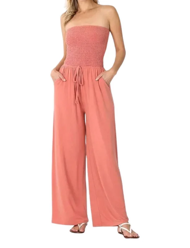 women's stretch pantsSmocked Romper Pants Suit In Coral