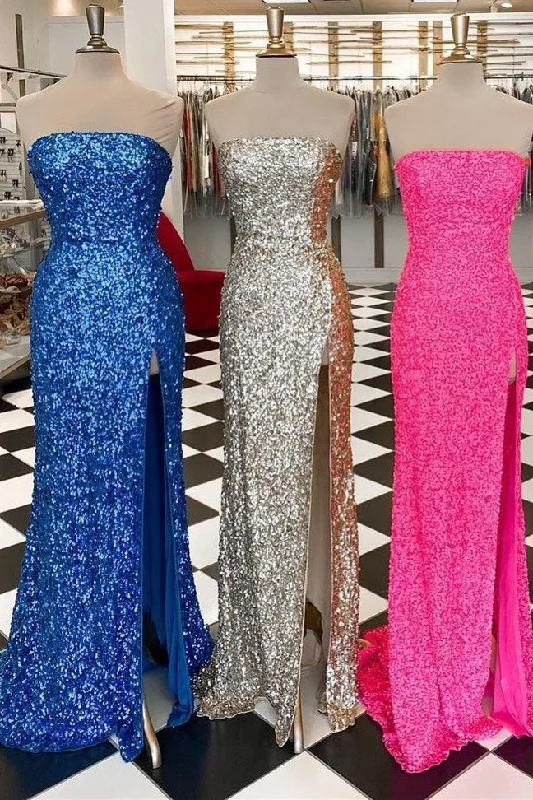 empire waist gown dressesStrapless Sequins Mermaid High Slit Sleeveless Long Formal Dress