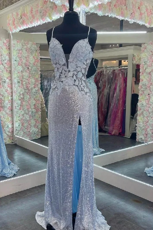 sequined gown dressesStraps Light Blue Sequins Appliques Long Formal Dress