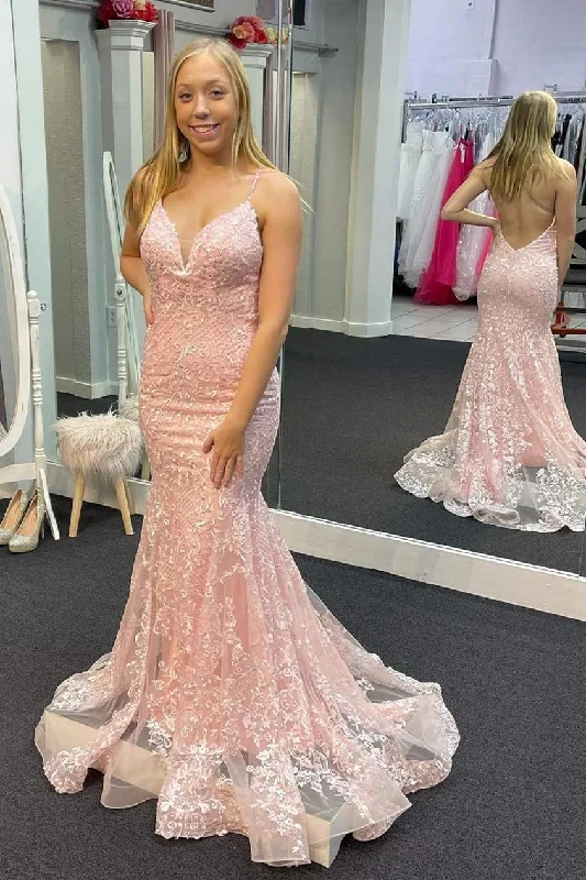 velvet gown dressesStraps Trumpet Pink Lace Long Formal Dress