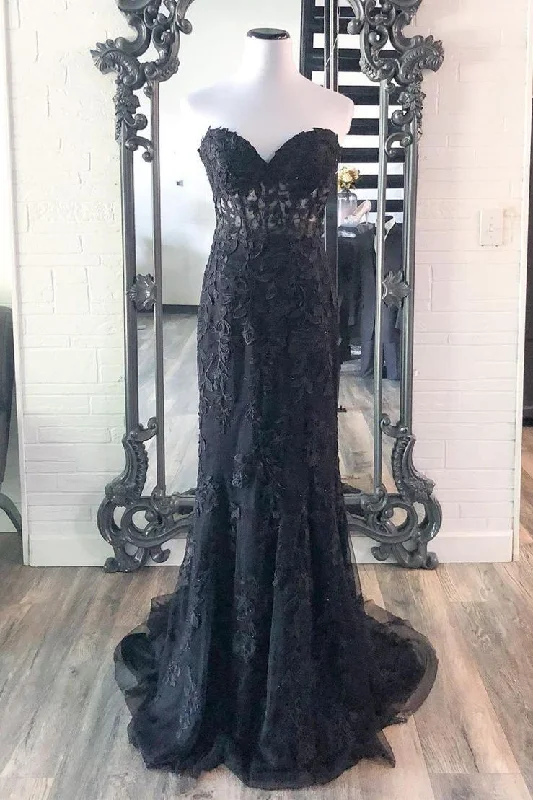 ball gown dressesSweetheart Black Lace Mermaid Long Formal Dress