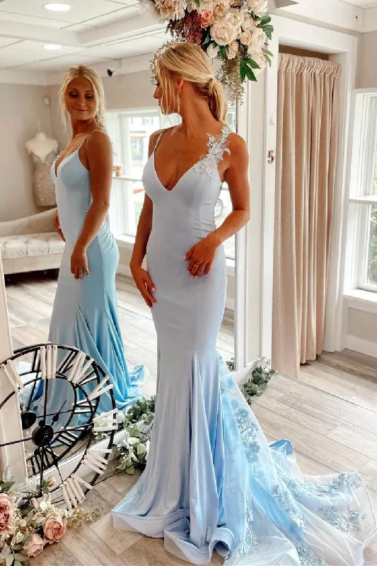 beaded gown dressesTrumpet Light Blue Plunge Long Formal Dress