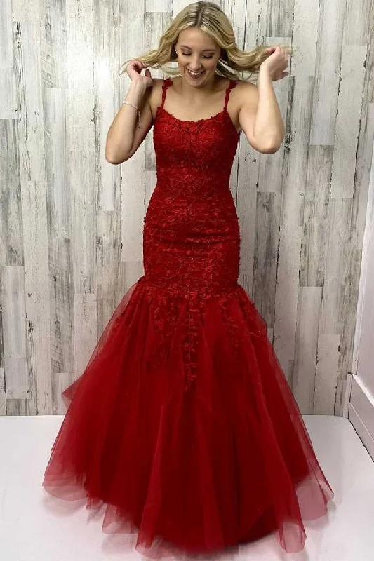 long-sleeved gown dressesTrumpet Wine Red Appliques Long Formal Dress