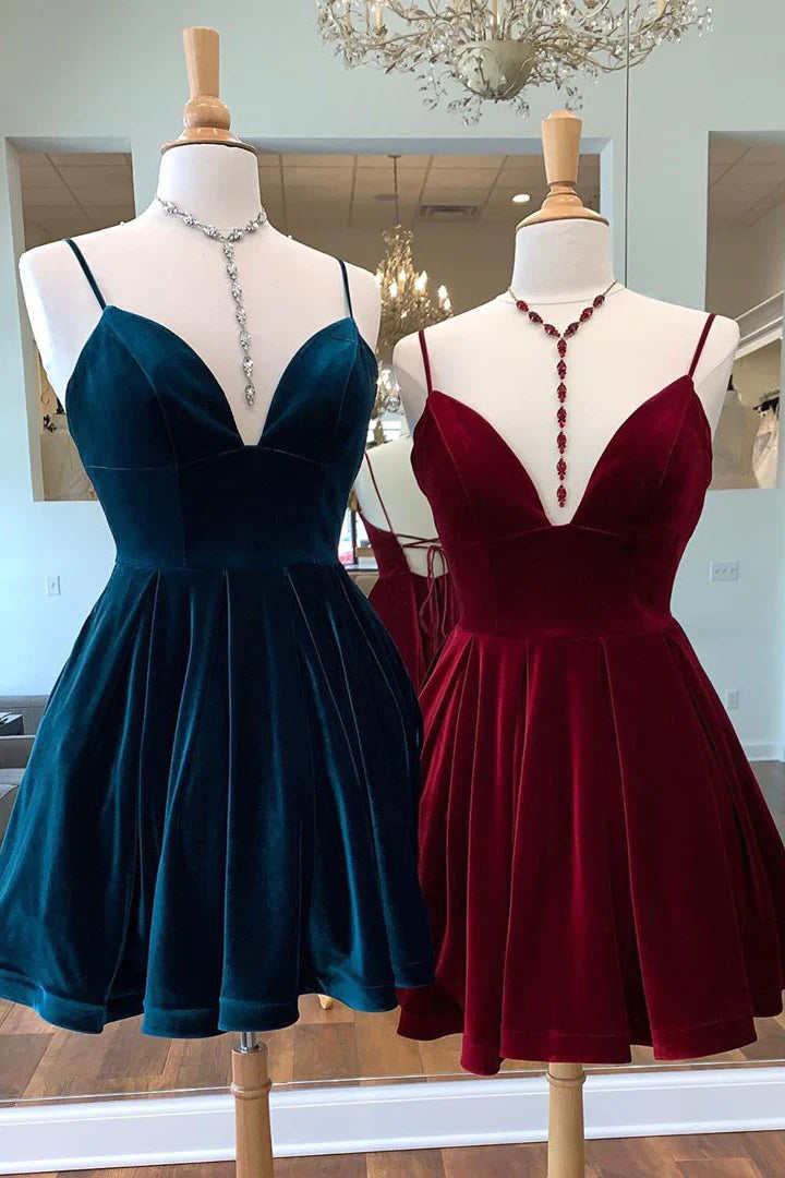 glamorous gown dressesVelvet Short Homecoming Dress Tie Back Straps Winter Formal Dress