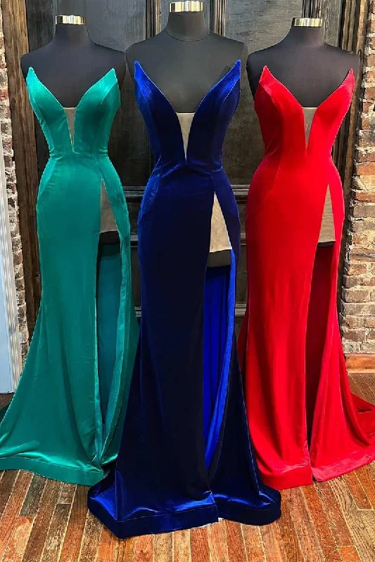 A-line gown dressesVelvet Strapless Mermaid Long Formal Dress with Slit