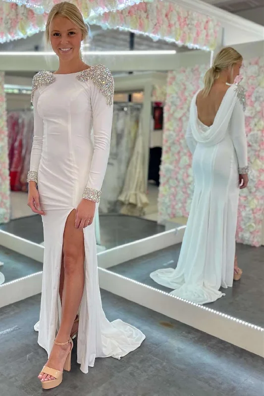 Emmy gown dressesWhite Open Back Long Sleeve Beaded Formal Dress with Slit