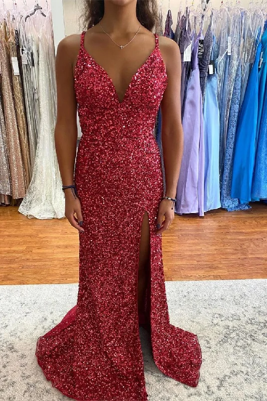 silk gown dressesWine Red Sequins Mermaid Slit Long Formal Dress