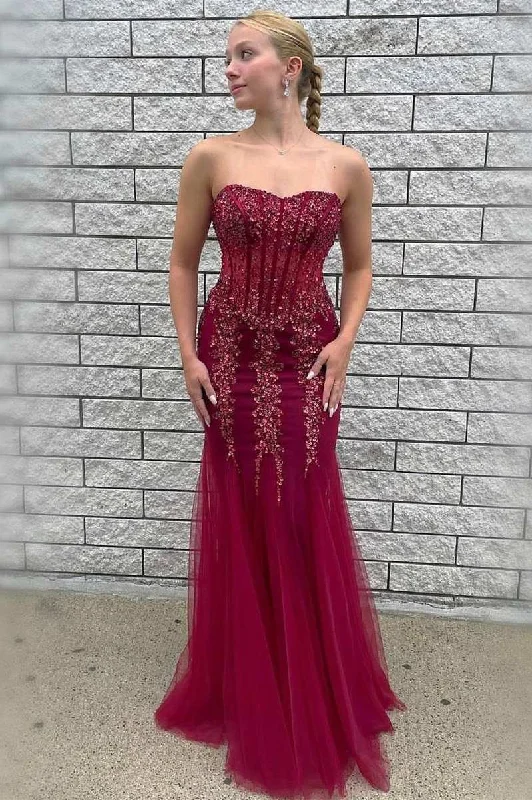 mermaid gown dressesWine Red Tulle Beaded Strapless Mermaid Long Formal Dress