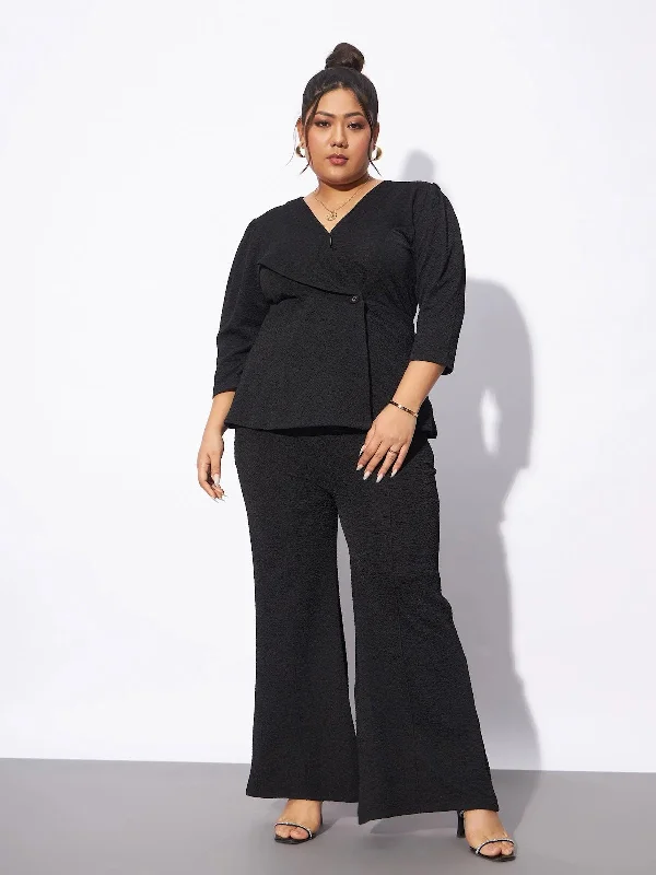 women's high-slung pantsWomen Black Wrap Top With Straight Pants-SFSETS95781XXL