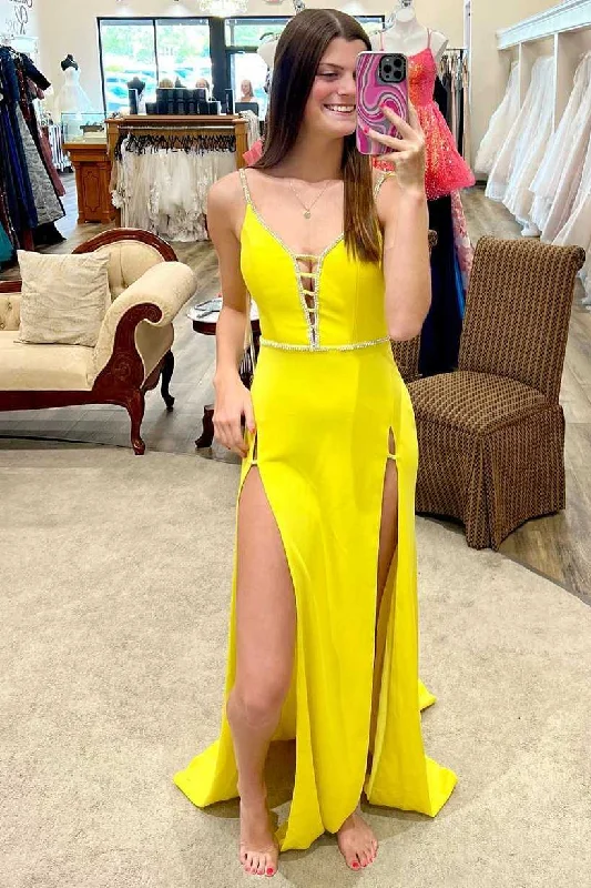 after-party gown dressesMustard Yellow Lace-Up Belted Long Formal Dress